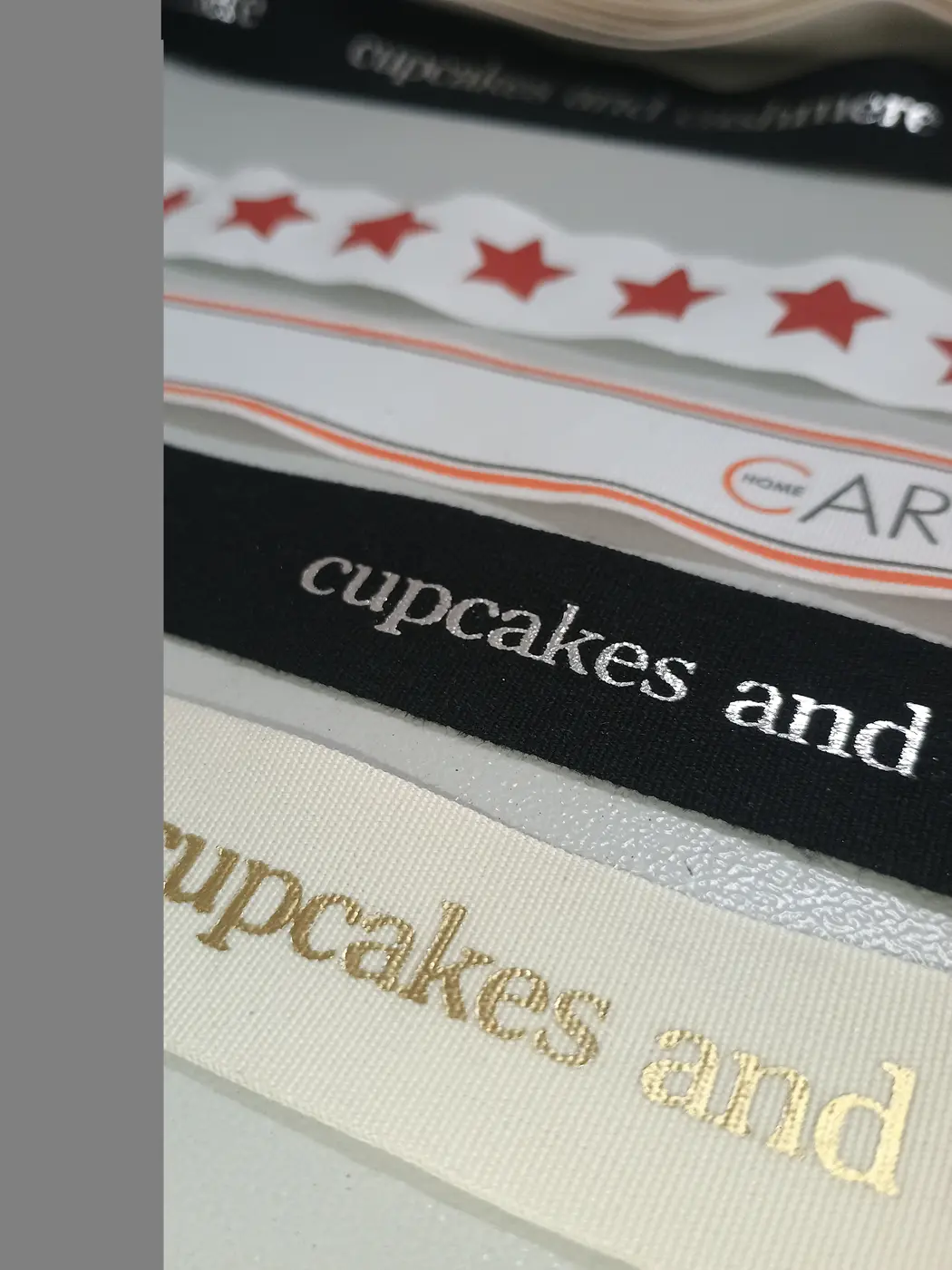 Close view of decorative printing on ribbon samples
