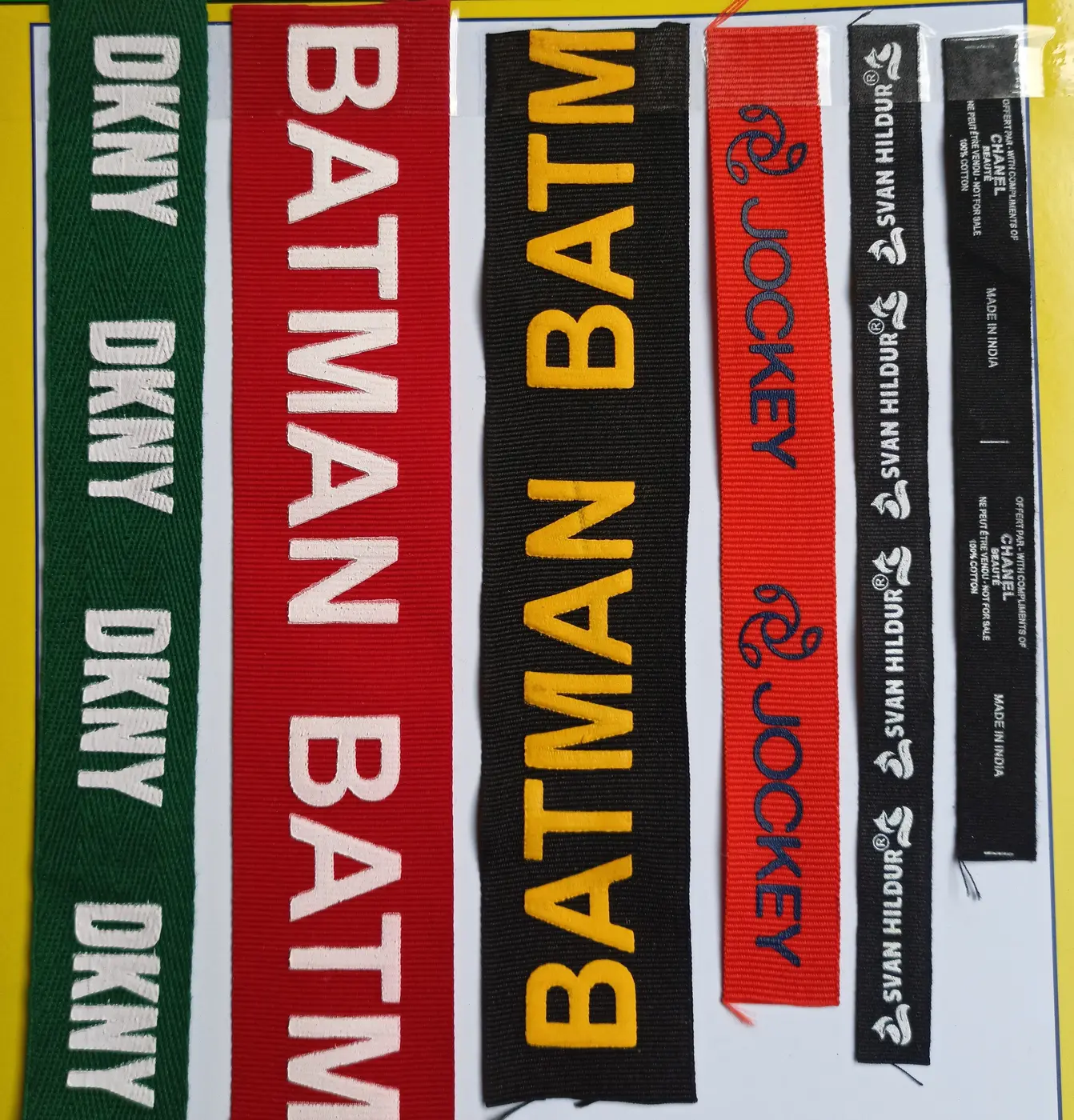Printed cotton and polyester tape samples in multiple widths