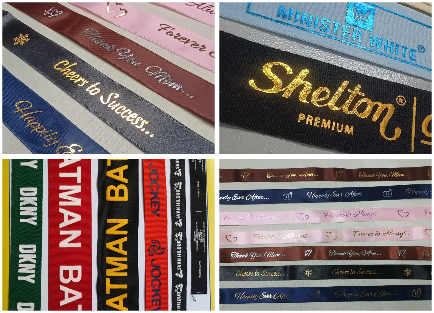 Collage of ribbon, label and textile-tape samples